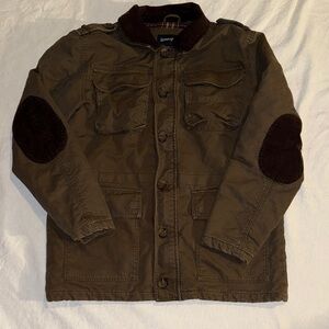 St. John's Bay: Olive Military Jacket with Dark Brown collar/ elbow Patches